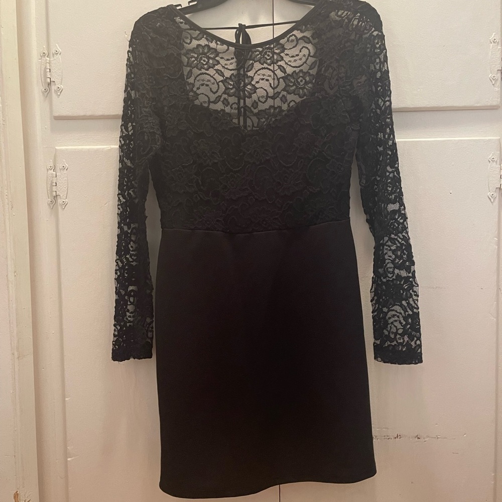 L Charlotte Russe Black Dress with Lace Sleeves and Detail